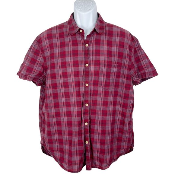 Vintage Lucky Brand Button Up Shirt Men Extra Large Red Plaid Short Sleeve Slim - Picture 1 of 12